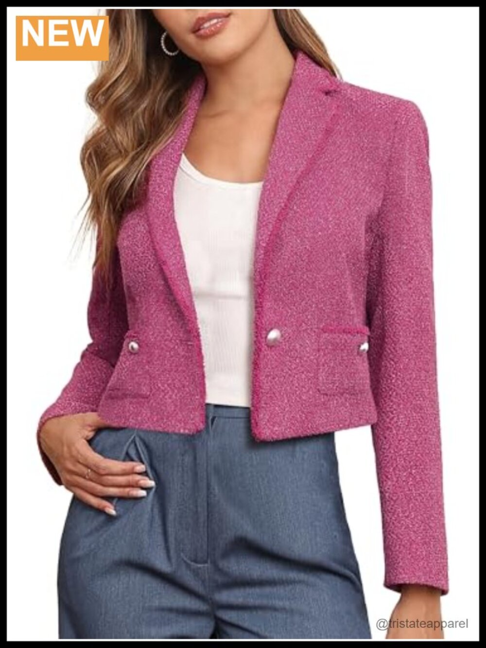 Women's Cropped Tweed Blazer Jacket with Pockets Notch Lapel Business Casual